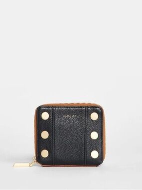 Hammitt Black Leather Zip Wallet with Gold Stud Accents and Tan Trim